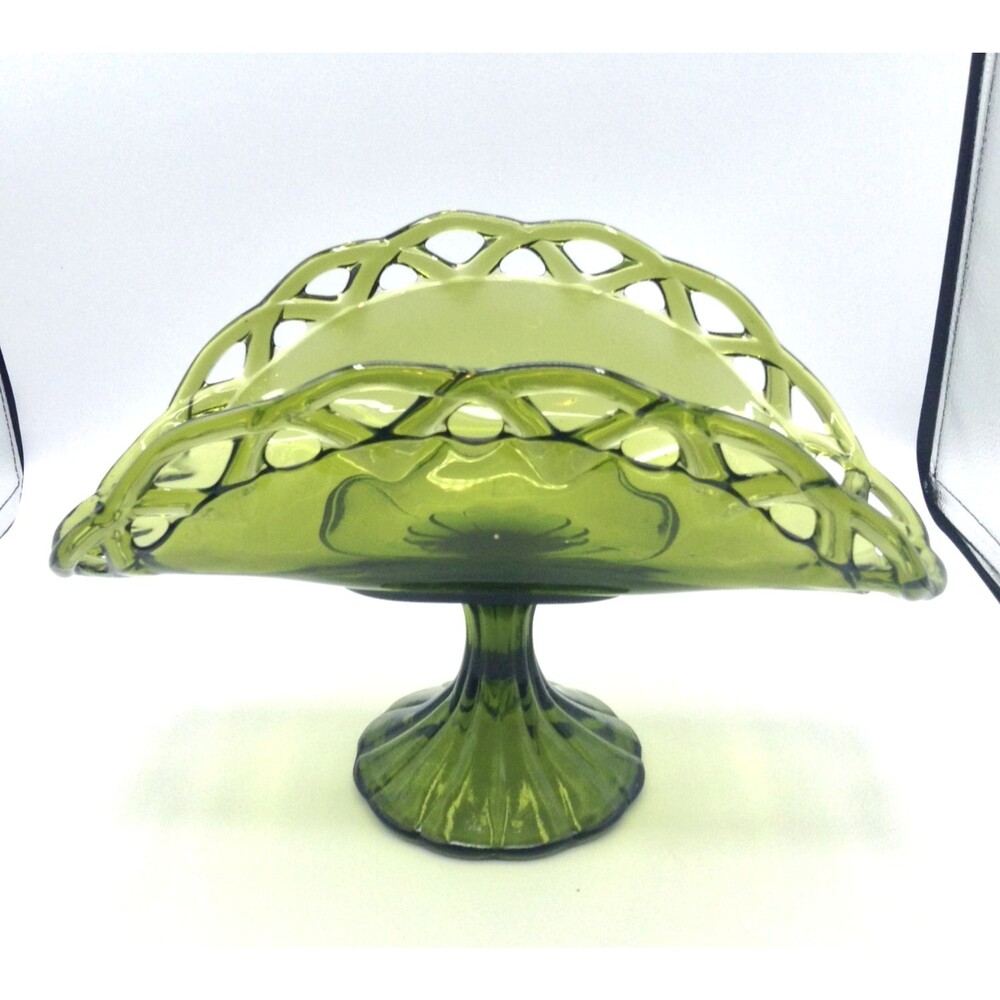 Vintage Mid Century Art Glass Pedestal Fruit Bowl Avocado Green Decorative Decor